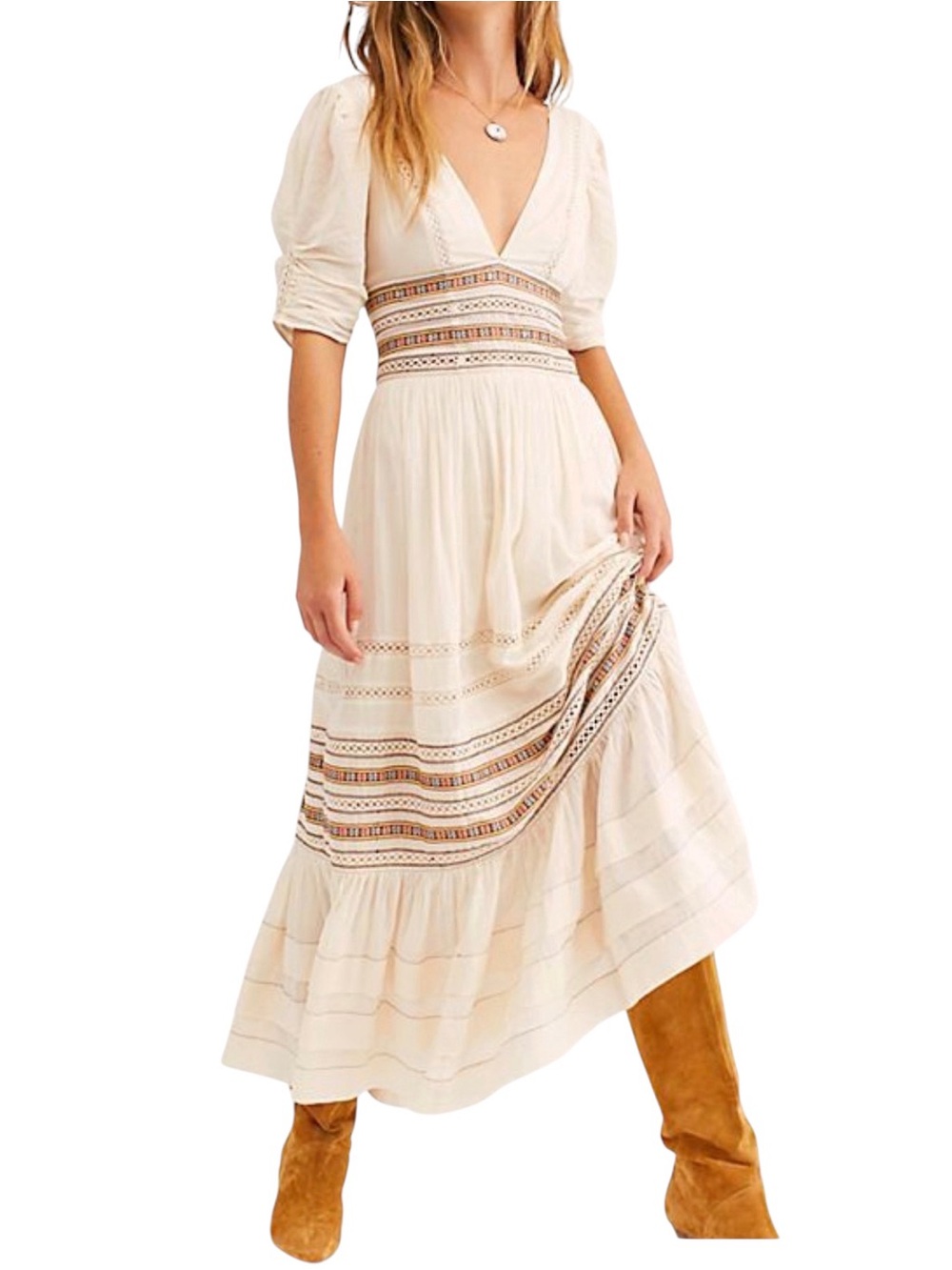 Free People Embroidered Puff Sleeve Midi Dress Cream Ivory Cotton Boho Women’s 6